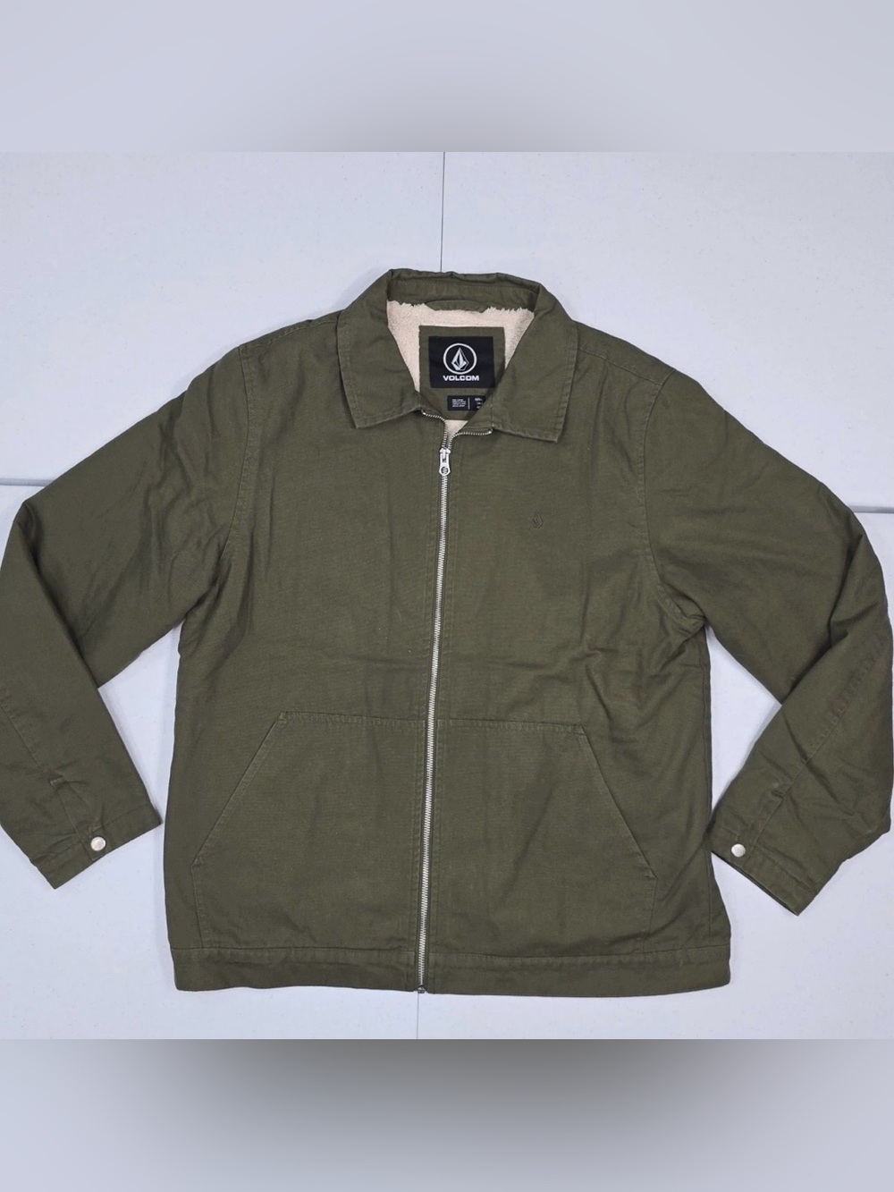 Volcom Olive Green Zip Front Sherpa-Lined Shirt Jacket